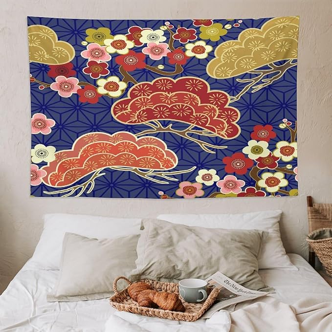 HZOHNAGO Japanese Tapestry Art Abstract Colorful Cherry Blossom Blue Background Pattern Printed Wall Tapestry Painting Wall Hanging for Bedroom Living Room Dorm 90" W x 60" H-Ruum Studio Home