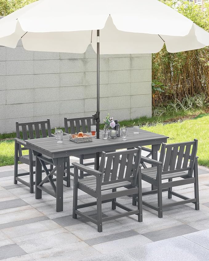 HDPE Patio Dining Set, 5-Piece Outdoor Table and Chairs with Umbrella Hole, Modern Outdoor Dining Set for 4, HDPE Outdoor Patio Furniture Dining Sets for Deck, Poolside, Porch, Smoke Gray-Ruum Studio Home
