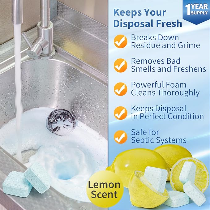 Foaming Garbage Disposal Cleaner and Deodorizer Tablets-24 Pack Food Disposal Cleaner, Quickly Eliminates Odors, XL Powerful Foaming Action, Refreshing Lemon Scent, Natural Ingredients, 1 Year Supply-Ruum Studio Home
