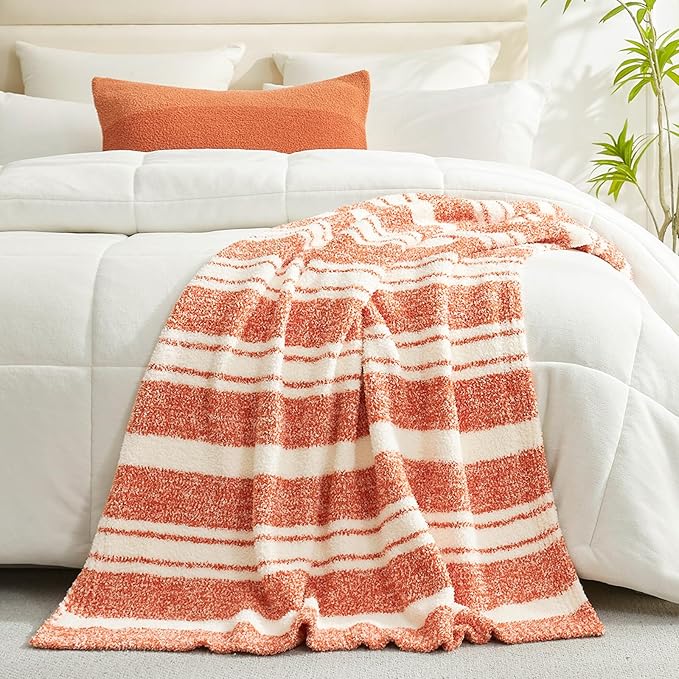 Snuggle Sac Orange Fall Throw Blanket for Couch, Reversible Super Soft Blankets Warm Cozy Knit Fuzzy Plush Blankets for Sofa,Living Room, Stripe Orange,50x60 inches-Ruum Studio Home