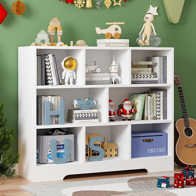 Book Shelf, 8 Cubes Storage Organizer, 3-Tier Open Shelf Wooden Bookcase, Freestanding White Bookshelf Cube Shelf for Bedroom, Living Room-Ruum Studio Home