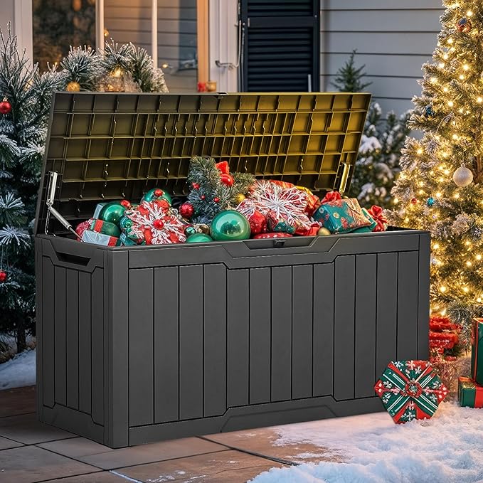 YITAHOME 100 Gallon Outdoor Storage Box, Large Water Resistant Resin Deck Box, Indoor Outdoor Lockable Storage Container for Patio, Garden, Cushions, Tools, Equipment (Dark Gray)-Ruum Studio Home