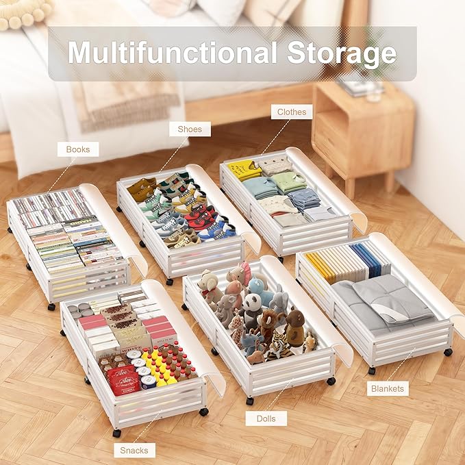 Under Bed Storage Containers With Wheels - 2 Pcs Large Bamboo Wood Rolling Underbed Shoe Storage Bins With Dust Bags for Clothes Blankets, Duvet Covers Snacks Toys (White)-Ruum Studio Home