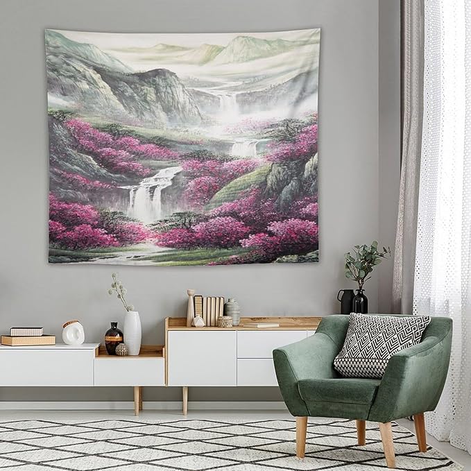 Japanese Tapestry, Red Plum Blossom Mountain Tapestry, Asian Japanese Wall Tapestry, Nature Landscape Tapestries for Bedroom Living Room Decor 60"x50"-Ruum Studio Home