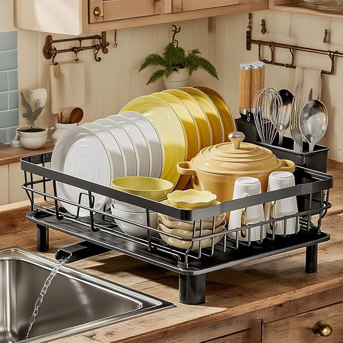 MOUKABAL Dish Drying Rack, Dish Rack, Stainless Steel Dish Racks for Kitchen Counter, Dish Drainer with Removable Utensil Holder, Drainboard (Black)-Ruum Studio Home