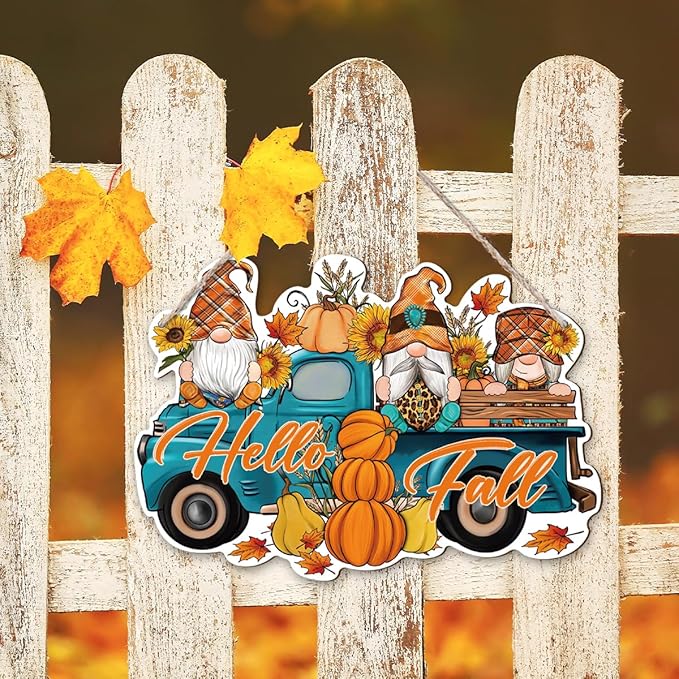Hello Fall, Wood Hanging Gnome Decoration, Hello Fall Wood Hanging Decors, Rustic Thanksgiving Decors for Porch, Indoor Outdoor Autumn Door Decor(Truck), Housewarming Gift, Home Indoor Outdoor Decor-Ruum Studio Home