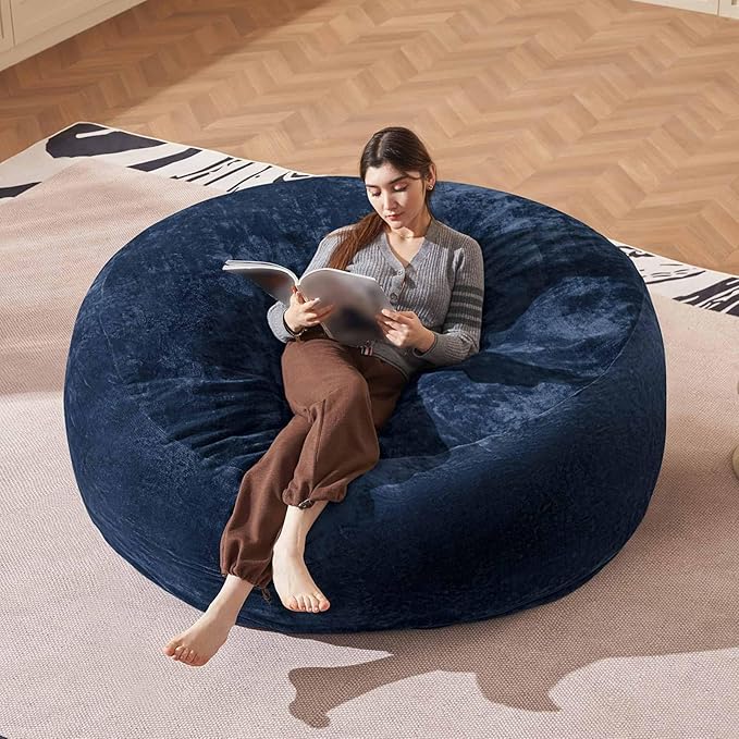 Bean Bag Chair 6Ft, Memory Foam Filled, Large Beanbag Chairs for Adults and Teens, Soft Sofa with Removable Flannel Cover, Round Couch for Living Room Bedroom College Dorm (Blue, 6FT-67×67"×24")-Ruum Studio Home