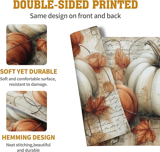 Fall Vintage Pumpkin Leaves Placemats Set of 4 Autumn Thanksgiving Harvest Linen Dinner Place Mats 12x18 Burnt Orange and White Rustic Farmhouse Decorative Kitchen Table Mats-Ruum Studio Home