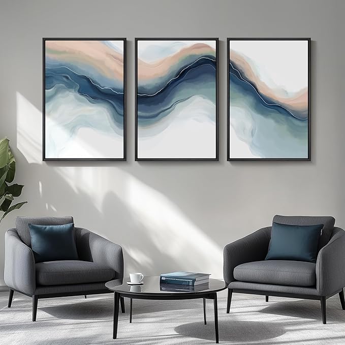 Large Framed Blue Abstract Landscape Wall Art for Living Room, 3 Piece Bright Pastel Canvas Prints Paintings, Modern Minimalist Artwork Watercolor Pictures for Bedroom, Hallway Wall Decor 24x36 In-Ruum Studio Home