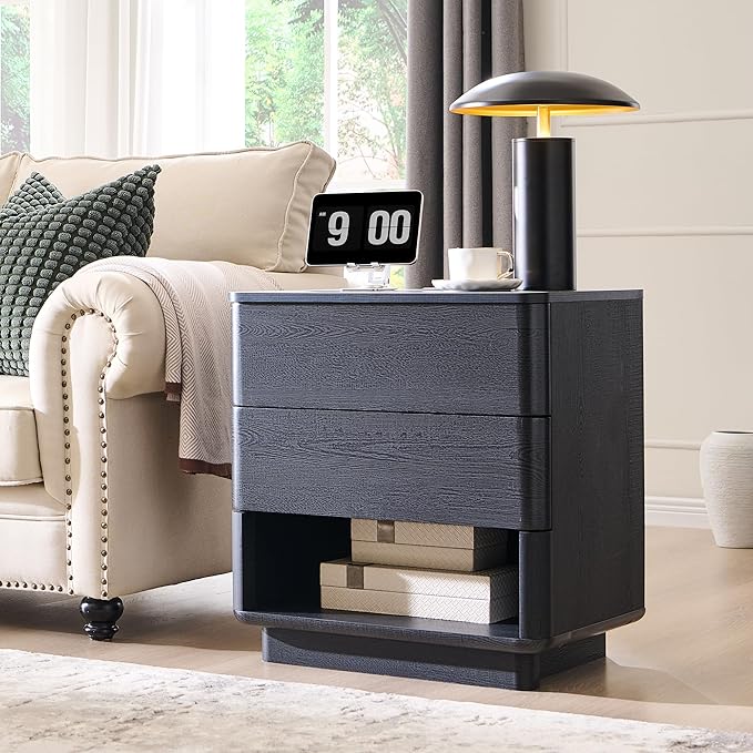 Nightstand with Charging Station, 22" Push-to-Open Bedside Table with 2 Storage Drawers, Large Modern End Table for Bedroom,Black-Ruum Studio Home