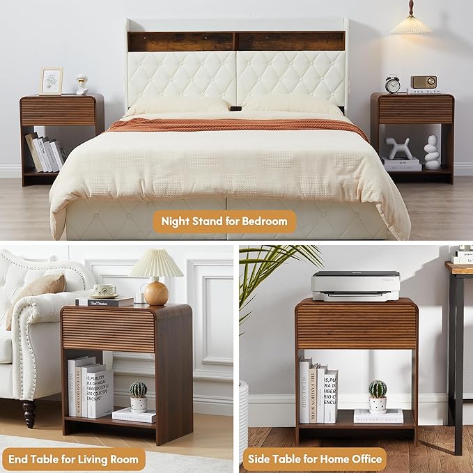 Fluted Nightstand Set of 2 with Charging Station, Modern Bed Side Table End Table with Drawer Storage, Large Wooden Night Stands Bedside for Bedroom Living Room Sofa Office, Walnut 2 Sets-Ruum Studio Home