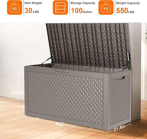 100 Gallon Deck Box Large Outdoor Storage for Patio Furniture,Outdoor Cushions,Garden Tools and Pool Supplies,Waterproof,Resin,Lockable(Grey Lozenge)-Ruum Studio Home