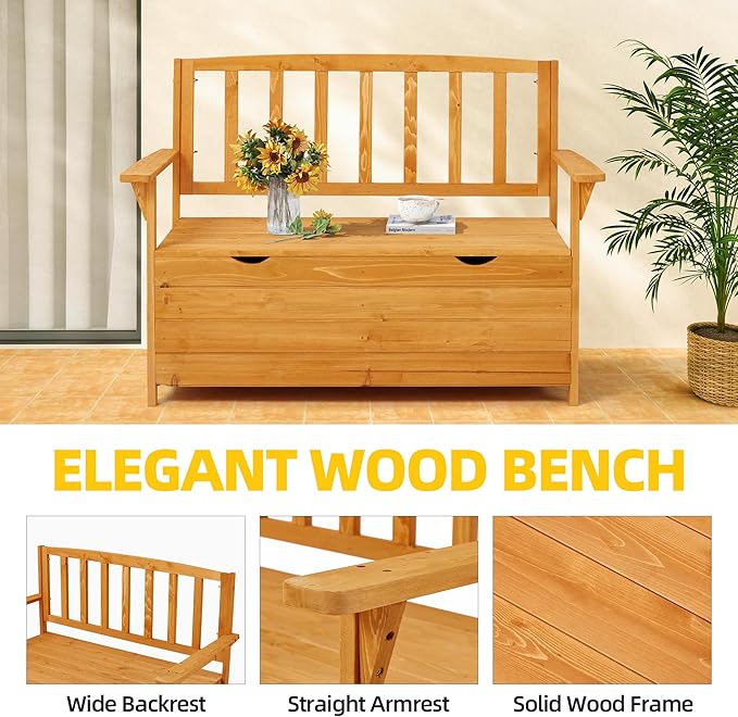 AVAWING Outdoor Storage Bench, Wooden Garden Bench Weatherproof, Patio Benches for Outside, 2-Seat Front Porch Bench, Park Bench for Deck, Lawn, Backyard (Yellow)-Ruum Studio Home