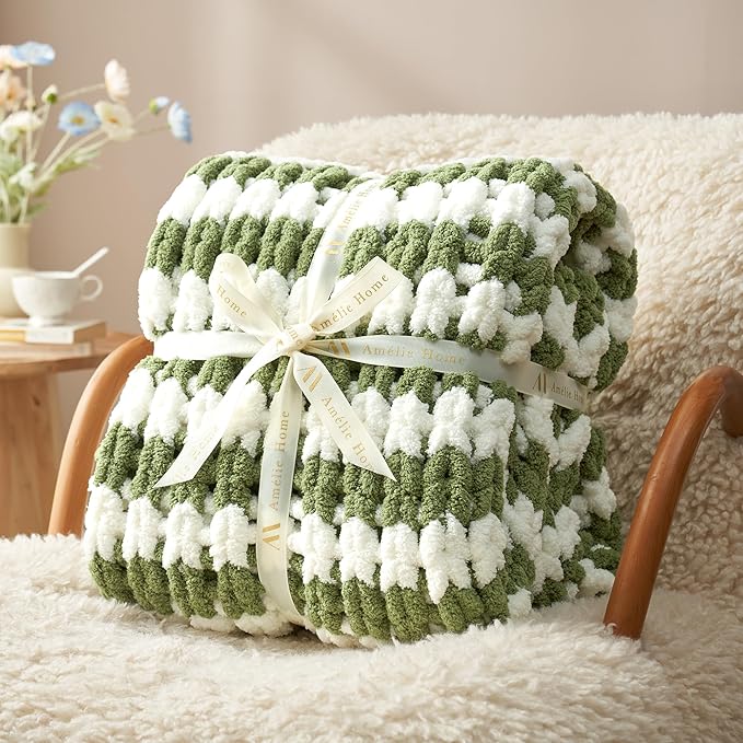 Amélie Home Chunky Knit Throw Blanket for Couch, Soft Chenille Crochet Blanket for Sofa, 50"x60", Sage Green & White Striped-Ruum Studio Home