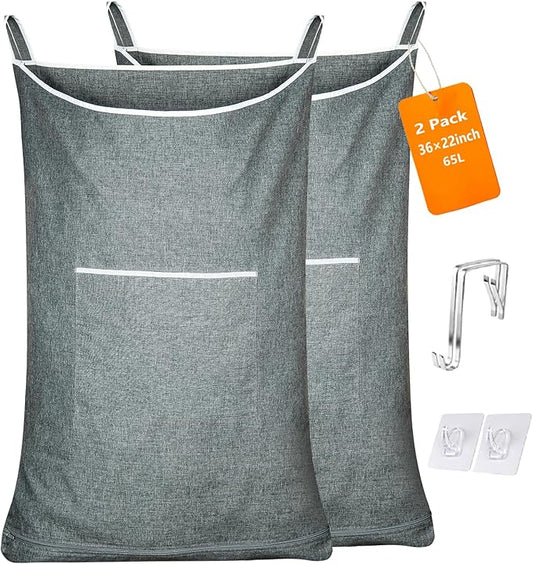 XL Large Hanging Laundry Hamper, Over the Door Laundry Bag with Zipper and Wide Open Top,Hanging Hamper for Storage Laundry, Clothes, Toys,36x 22 Inch, Heather Grey 2Pack.-Ruum Studio Home