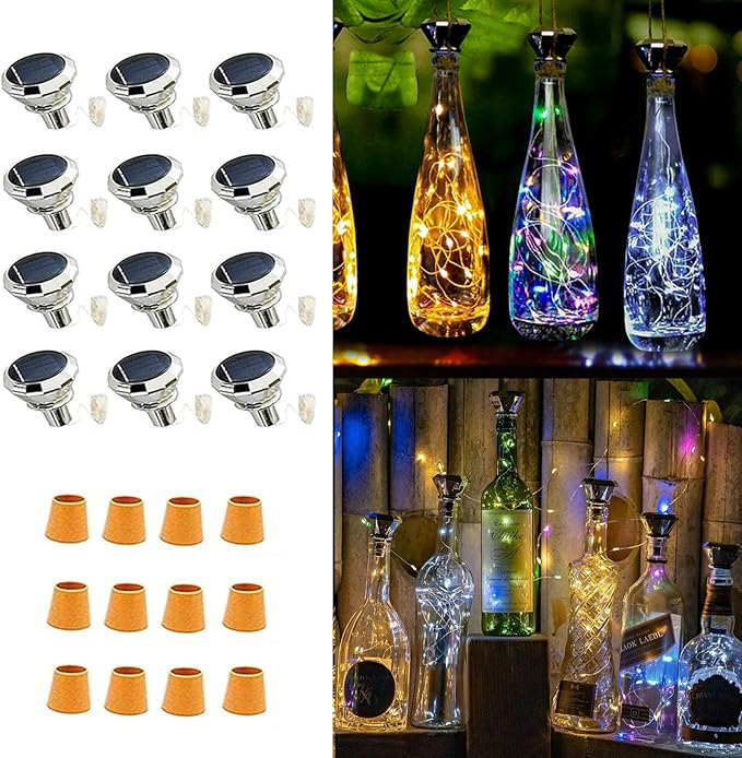 Upgraded 12 Pack Diamond Solar Wine Bottle Lights, 20 LEDs Waterproof Copper Light, Bottle Light Fairy Cork String Lights for Yard Patio Decor, DIY Birthday Gift for Mom Grandma Friend(3 Colors)-Ruum Studio Home