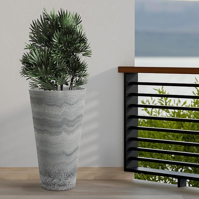 Worth Garden 2-Pack Grey Matte Texture Round Tapered Planter - 24.5" H. Tall Plastic Plant Pots with Drain Hole for Indoor Outdoor - Modern Decorative Flower Pots for Front Porch, Patio, Deck-Ruum Studio Home