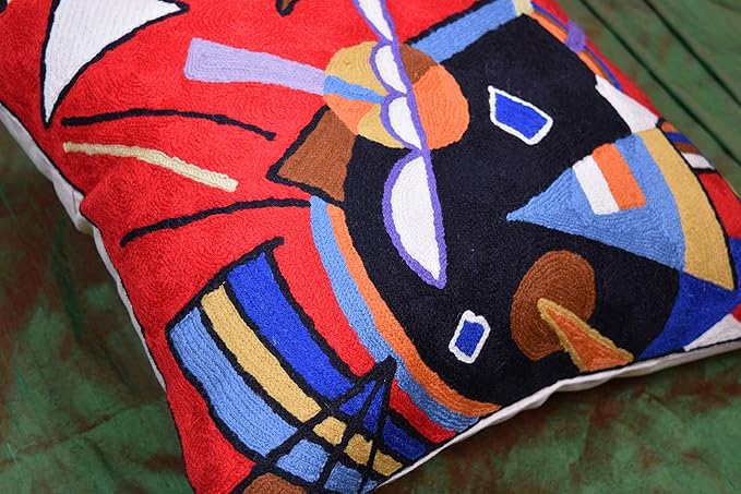 Kandinsky Contemporary Throw Pillow Cover - Bright | Red Modern Pillow Cases | Abstract Accent Pillows | Contemporary Couch Cushions | Hand Embroidered Cushion | Wool Size 18x18-Ruum Studio Home