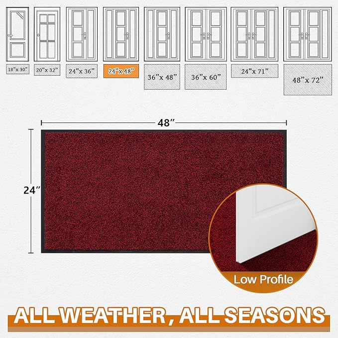 Mibao Front Door Mat, Dirt Trapper Welcome Mat for Outdoor Indoor, Non-Slip Waterproof Doormat, Durable Machine Washable Low Profile Entry Rug for Back Door Outside Patio Porch, 48" x 24", Red-Ruum Studio Home