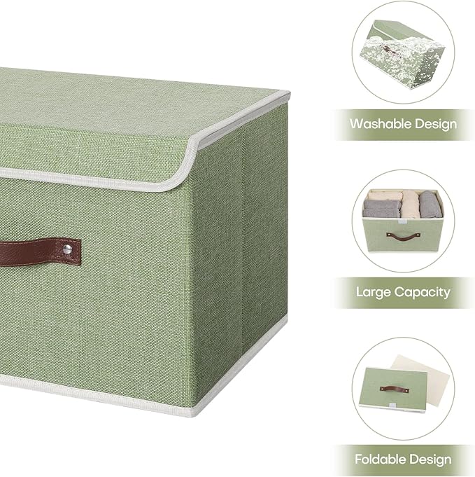 ANMINY 2PCS Storage Bins with Lid PU Leather Handles Storage Boxes PP Plastic Board Decorative Foldable Lidded Cotton Linen Fabric Home Cubes Baskets Closet Organizer Containers - Green, Large Size-Ruum Studio Home