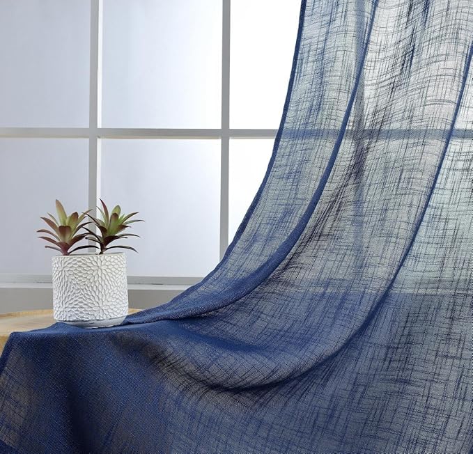 MIUCO Semi Sheer Curtains Poly Linen Textured Solid Grommet Curtains 95 Inches Long for Living Room 2 Panels (2 x 37 Wide x 95" Long) Navy Blue-Ruum Studio Home