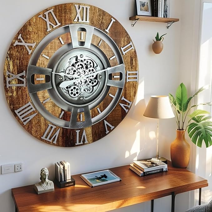 The Gears Clock Real Moving Gear Wall Clock England Line (Vintage Brown, 24 inches (60 cm))-Ruum Studio Home