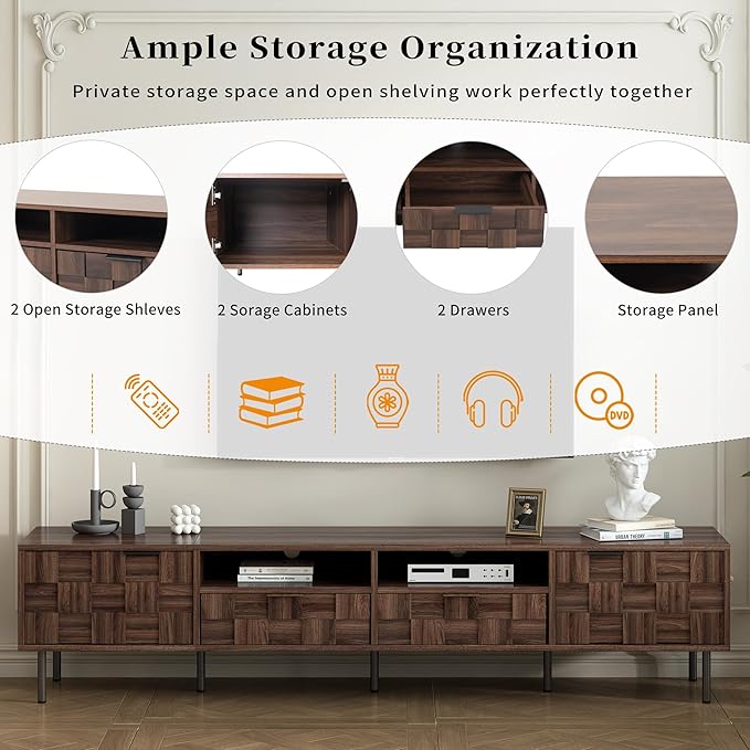 Modern TV Stand for TVs up to 85", Mid-Century Media Console with Checkered Cabinet Doors, Storage Drawers & Open Shelves, Wood Entertainment Center with Metal Legs-Ruum Studio Home