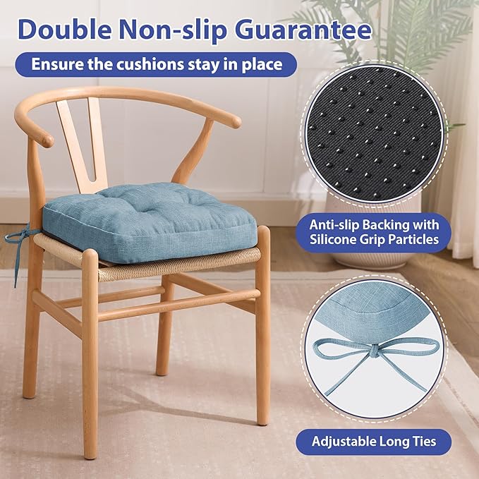 Chair Cushions for Dining Chairs, Dining Chair Cushions, Tufted Indoor Chair Pads with Ties & Non Slip Backing, Seat Cushions for Kitchen Chairs 16.5” x 16.5” x 3.5”, Set of 4, Light Blue-Ruum Studio Home
