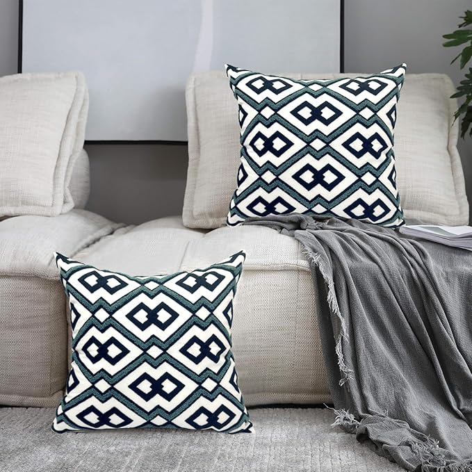 Alysheer Embroidered Decorative Throw Pillow Cover 18"x 18" Set of 2, Classic Boho Geometric Embroidery Pattern Cotton Square Cushion Case for Sofa Couch Living Room Bedroom (Navy Aqua)-Ruum Studio Home