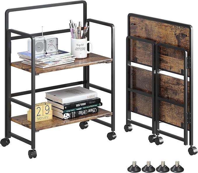 4NM 2 Tiers No-Assembly Folding Bookshelf with Wheels, Portable Rolling Storage Bookcase & Compact Side Table for Living Room, Bedroom, Kitchen, Bathroom (Rustic Brown and Black)-Ruum Studio Home