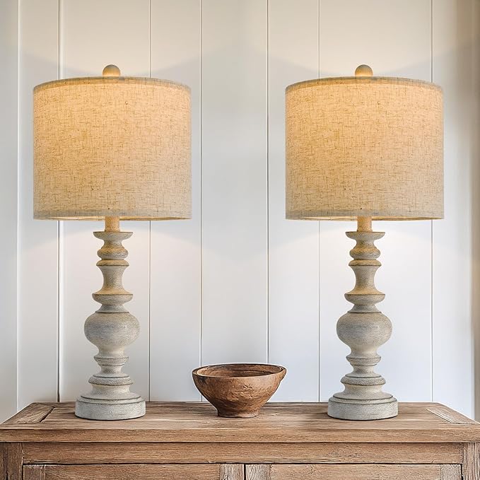 BOBOMOMO 24" Farmhouse Retro Table Lamp Set of 2, Traditional Resin Lamps for Living Room Bedroom, Vintage Bedroom Lamps with Linen Shades, Rustic Table Lamps for Living Room, Nursery, Office-Ruum Studio Home