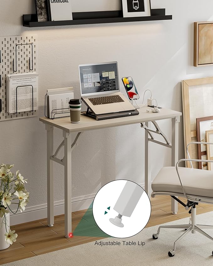 Frylr Small Folding Computer Desk – 35.8 Inch Portable Table for Craft and Study, Lightweight Desk for Small Spaces, Foldable Laptop Table Built-in AC/USB Outlets for Convenience, White Ash-Ruum Studio Home