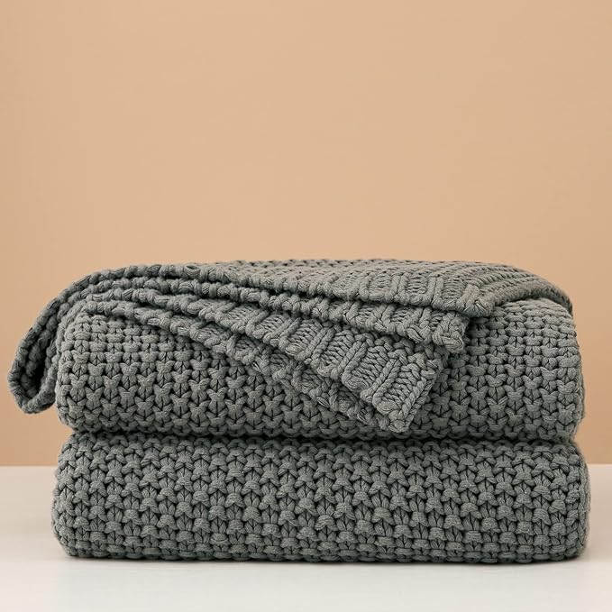 Longhui bedding Chunky Cable Knit Throw Blanket Lightweight Grey 100% Organic Cotton Blanket for Sofa Couch Bed Baby Nursery, Rustic Shabby Chic Modern Farmhouse, Gray 60” x 80” Give Laundering Bag-Ruum Studio Home