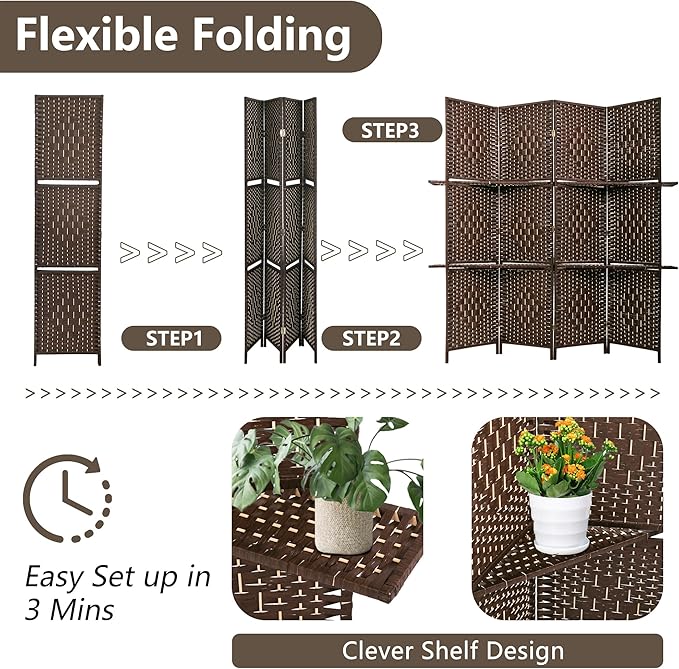 PayLessHere Room Divider 4 Panel Room Screen Divider Wooden Screen Folding Portable Partition Screen Wood with Removable Storage Shelves Color, Brown-Ruum Studio Home