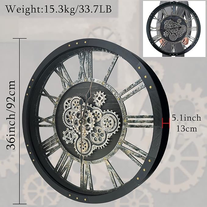36 Inch Moving Gear Wall Clock, Oversized Wall Clocks, Clock Living Room Decor, Solid Wood Frame, Battery Operated, Large Wall Clock with Steampunk Industrial for Fireplace(Black)-Ruum Studio Home
