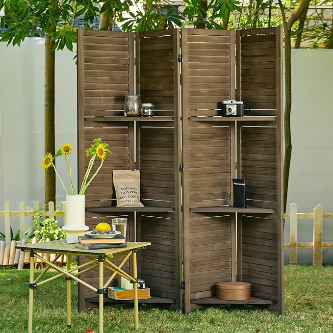 Room Divider with Shelves, 5.6 Ft Tall Folding Wood Screen with Double Hinges for Home Office Bedroom Hotel Decoration (4 Panels, Brown)-Ruum Studio Home