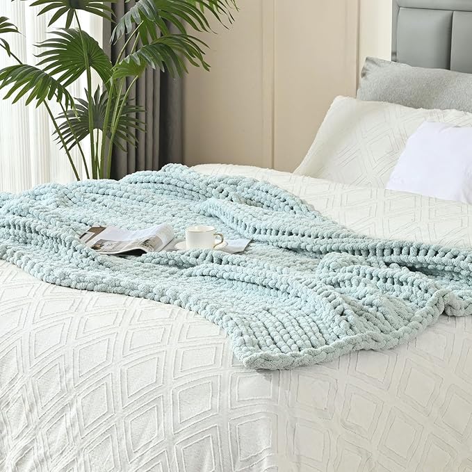 Esterra Chunky Knit Blanket Throw 50"x60", 100% Hand Knitted Chenille Throw Blanket, Cozy Soft Thick Cable Knit Throw Large Rope Knot Crochet Throw Blanket for Sofa Couch Bed, Sky Blue-Ruum Studio Home