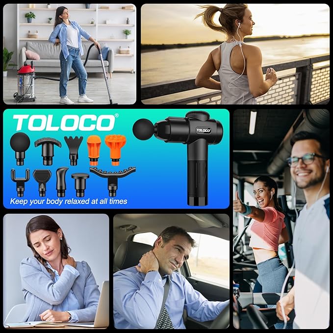 TOLOCO Massage Gun, Deep Tissue Back Massage for Athletes for Pain Relief, Percussion Massager with 10 Massages Heads & Silent Brushless Motor, Gifts for Fathers Day, Black-Ruum Studio Home