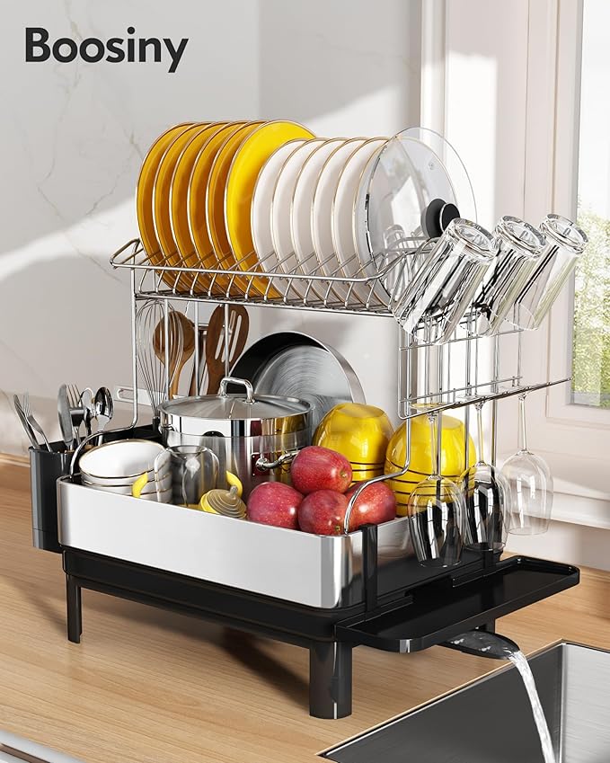 BOOSINY Dish Drying Rack with Drainboard, Stainless Steel Dish Rack, 2 Tier Extra Large Dish Drainer with Cup Holder and Utensil Holder for Kitchen Counter-Ruum Studio Home