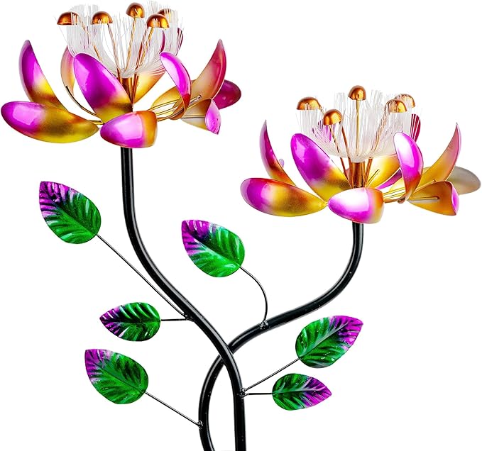 55'' Solar Powered Kinetic Wind Spinner Sculpture Pink Lotus Metal Stake Spinner for Patio, Lawn and Garden Decor Weather-Resistant Outdoor Art with Dual Lotus Design-Ruum Studio Home