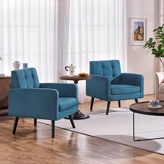 Yaheetech Mid-Century Accent Chairs, Modern Upholstered Living Room Chair, Cozy Armchair Button Tufted Back and Wood Legs for Bedroom/Office/Cafe, Set of 2, Navy Blue-Ruum Studio Home