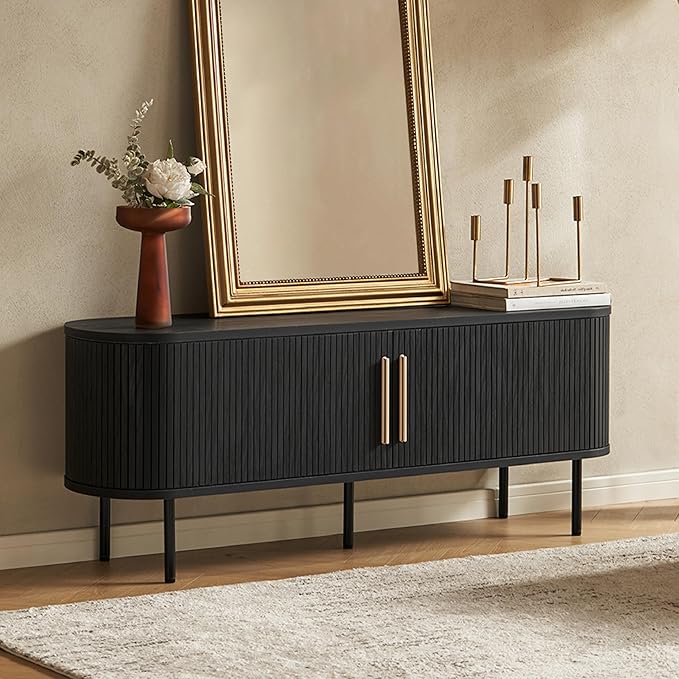 mopio Quin TV Stand, Mid Century Modern for 55/60/65 inch TV, Farmhouse TV Stand, Entertainment Center with Storage, TV and Media Console for Living Room (Black, 59" Tambour)-Ruum Studio Home