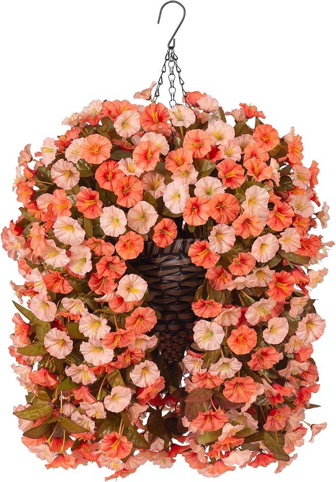 Artificial Fake Fall Hanging Flowers Plants Basket for Outdoor Autumn Decoration, Faux Silk Morning Glory Long Vines Realistic UV Resistant for Outside Home Porch Garden (Fall Orange+Light Orange)-Ruum Studio Home