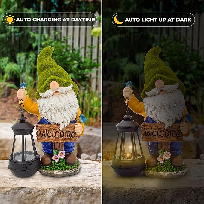 Garden Gnomes Outdoor - Flocked Gnome Statue Holding Lantern with Solar LED Lights | Gnomes Garden Decorations for Patio, Yard, Lawn Ornaments - Gnome Gifts-Ruum Studio Home
