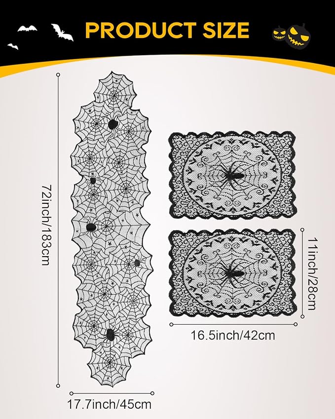 eZAKKA Halloween Table Runner with 4Pcs Placemat, Black Lace Spider Web Table Runners for Parties Gothic Spooky Home Decorations, 18 x 72 Inch-Ruum Studio Home