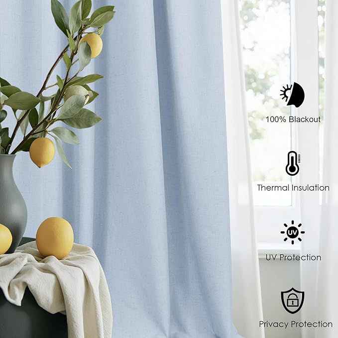 Baby Blue Curtains for Bedroom 45 Inch Length 2 Panel Linen Blackout Short Curtains for Nursery Boy Girls Bathroom Kitchen Light Bluey Unisex Black Out Drapes for Living Room Heat Cold Light Blocking-Ruum Studio Home