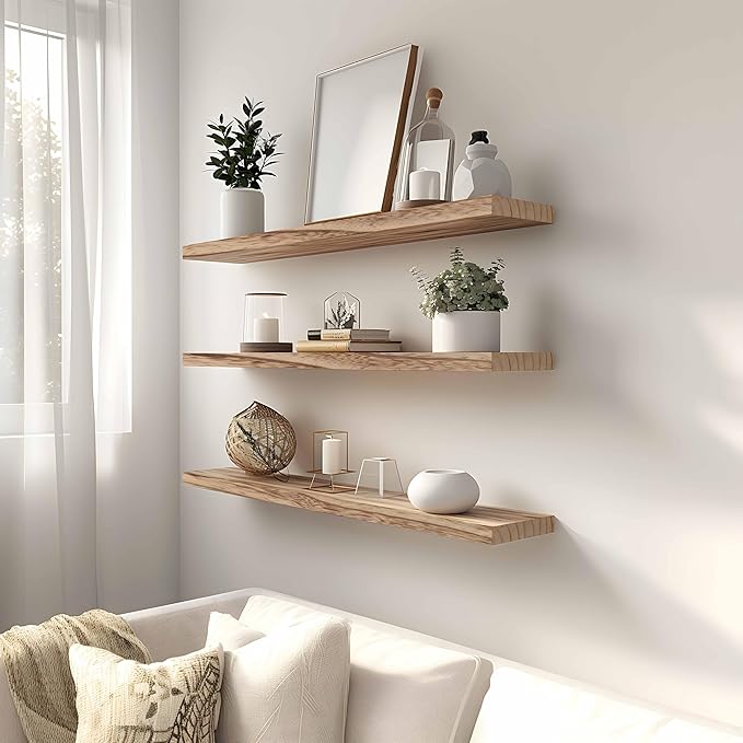 Wood Floating Shelves for Wall, Rustic Wall Shelves for Bedroom, Wall Mounted Floating Shelf, Set of 4 Light Walnut 36 Inch-Ruum Studio Home