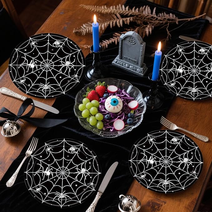 40Pcs Halloween Paper Plates and Napkins Party Supplies, Spider Web Plates Napkins Disposable Dinnerware Set for Spooky Halloween Party Decorations-Ruum Studio Home