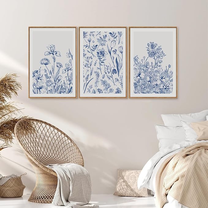 SIGNINART Classic Chinoiserie Framed Canvas Wall Art Set, Blue and White Floral Art Painting, Minimalist Botanical Flower Artwork, Navy Blue Wall Decor for Bedroom, Living Room, Office 16"x24"x3-Ruum Studio Home