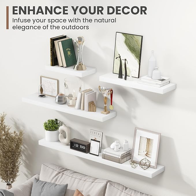 36 Inch Floating Shelves, 8 Inch Deep Floating Shelves for Wall, Hanging Shelf with Invisible Brackets, Deep Shelves for Bathroom, Bedroom, Living Room, White, Set of 2-Ruum Studio Home
